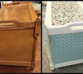 mod podge toy box transformation, chalk paint, decoupage, painted furniture, Before and After Side View