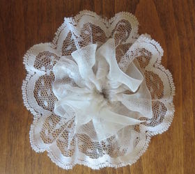 up cycled ugly black flower pots, container gardening, crafts, gardening, repurposing upcycling, Make a lace flower by gathering the lace