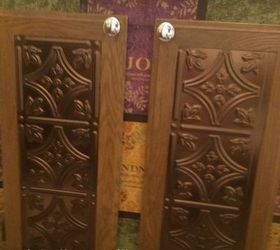 fabric covered vanity, bathroom ideas, painted furniture, reupholster, The doors were beaten and stained