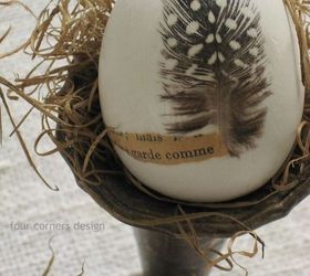 stylish easter eggs made from plaster of paris, crafts, easter decorations, seasonal holiday decor, a snippet from a French book adds interest