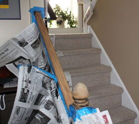 transforming our railing from boring brown to beautiful black stain, foyer, painting, stairs