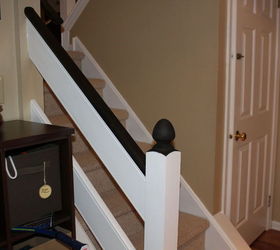 transforming our railing from boring brown to beautiful black stain, foyer, painting, stairs