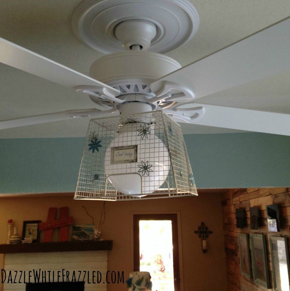 13 Ways To Upgrade Your Boring Ceiling Fan On A Budget Hometalk Slide A Wire Basket Over The Light Fixture