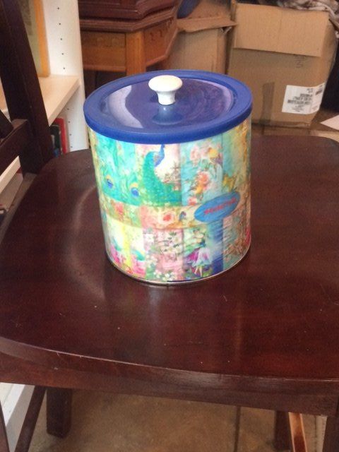 coffee can storage, decoupage, painted furniture, storage ideas