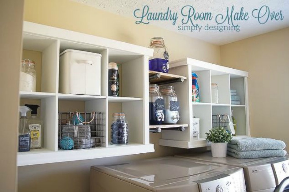 s 11 ways to update your dark and dingy laundry room for under 100, laundry rooms, Install some cube shelves and add trim