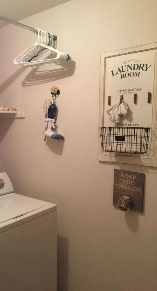 s 11 ways to update your dark and dingy laundry room for under 100, laundry rooms, Keep a cute place for lost items