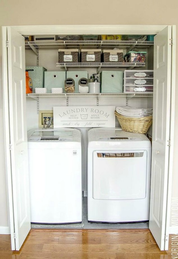 s 11 ways to update your dark and dingy laundry room for under 100, laundry rooms, Use matching bins and baskets for everything
