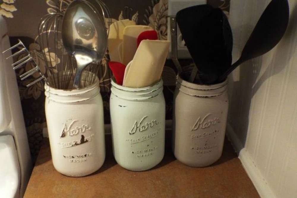 s get rid of kitchen countertop clutter with 13 clever mason jar ideas, countertops, kitchen design, mason jars, organizing, Collect your cutlery and cooking tools