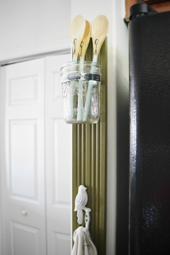 s get rid of kitchen countertop clutter with 13 clever mason jar ideas, countertops, kitchen design, mason jars, organizing, Leave your stirring spoon hanging