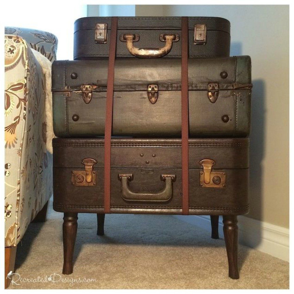 s don t throw out your old suitcase before you see these 15 clever ideas, Stack them into a side table