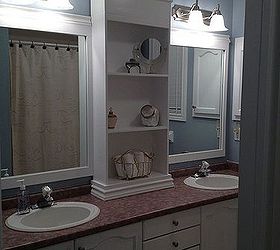 large bathroom mirror redo to double framed mirrors and cabinet, bathroom ideas, home decor, shelving ideas