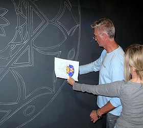 hand painted floor cloth on a budget, flooring, painting, tile flooring, The back side of the vinyl was primed and base coated The image of the design was projected on to the surface and traced with chalk