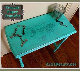 freezer paper transfer french key table in turquoise, painted furniture