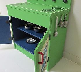 before amp after the makeover of a wooden play kitchen, chalk paint, diy, how to, painted furniture, I used Annie Sloan Napoleonic Blue inside which was the perfect compliment to the Antibes Green All the inside metal bowls came from the thrift store as well