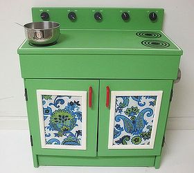 before amp after the makeover of a wooden play kitchen, chalk paint, diy, how to, painted furniture, I wanted something that wasn t too girly or too kiddy So I chose Annie Sloan Antibes Green which gives it a retro feel I kept the existing red handles It worked with the colors