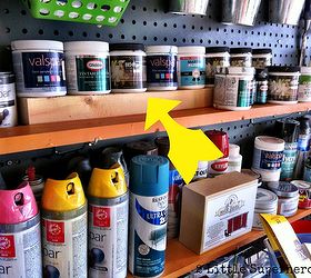 garage paint storage, cleaning tips, garages, shelving ideas, storage ideas, Added a scrap piece of wood so that the back row of paint samples can be seen
