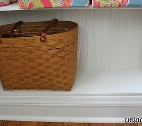 entry cabinets from horrible to adorable, foyer, shelving ideas, storage ideas, Beadboard wallpaper behind shelves