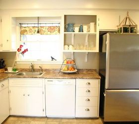 my kitchen and working with what you have, home decor, home improvement, kitchen design, After By removing some cabinets doors I created the look of open shelving It added some visual depth and interest to my kitchen