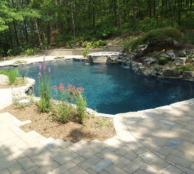 a facelift for a 22 year old this one needed it see how we transformed this, outdoor living, pool designs, spas, Natural freeform gunite swimming pool with new spillover spa mossrock waterfall tumbled stone patio landscaping