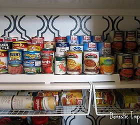 stenciled and organized pantry, closet, painting, can risers so that I can see everything and shelf baskets for extra storage