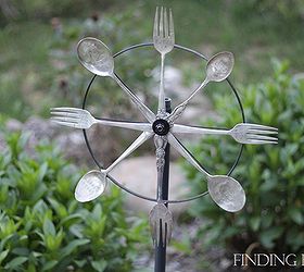 stamped vintage silverware whirligig, flowers, gardening, repurposing upcycling, Since it is all metal and hard plastic it weathers well outdoors