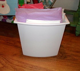 5 sofa table becomes my gift wrap storage system, chalk paint, cleaning tips, repurposing upcycling, I found 3 of these trash cans that fit perfectly in the top