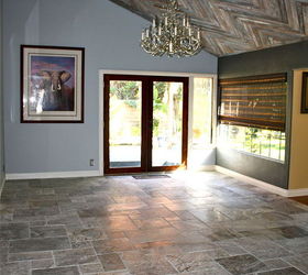 reclaimed wood herringbone pattern on the ceiling, diy, how to, woodworking projects, Flooring is silver travertine in a Versaille pattern Yes I did that myself as well