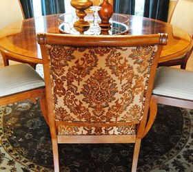 this tired 15 year old dining room needed a facelift even the old toparies were, dining room ideas, home decor, We recovered the Host chairs with a raised velvet