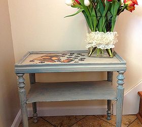 chic little table redo, flowers, painted furniture, After painting the table teal and distressing I painted it pale gray and distressed some more I love how it turned out