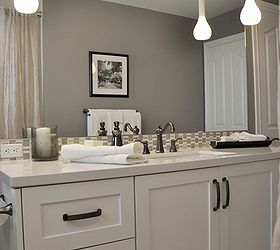 family bathroom renovation, bathroom ideas, home decor, Hanging pendant lighting and a moulding header above the mirror