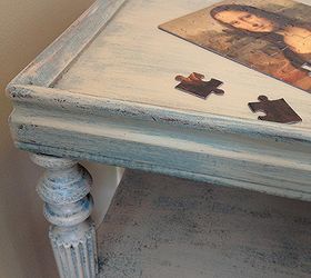 chic little table redo, flowers, painted furniture, Decked out with a puzzle of the Mona Lisa