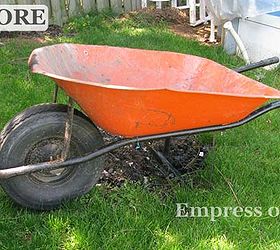 stencil your garden gear, crafts, gardening, painting, It s a good deep wheelbarrow with an everlasting wheel but the 1970s orange colour was not working for me
