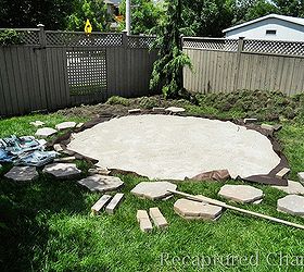 fire pit patio, outdoor living, patio, After the circle is cut and the grass soil removed we laid down some landscapers cloth The cloth was then covered in limestone screening