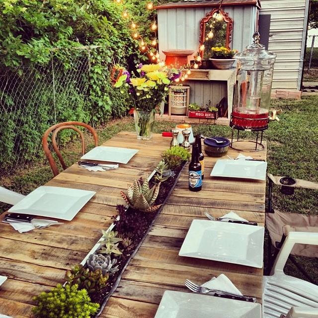 Mostly pallet wood farmhouse table with gutter succulent planter ...