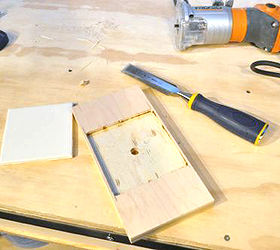 trust me you need a glue gun holder, crafts, diy, woodworking projects, Ethan cut a base of wood about 4 1 2 x 8 1 2 traced a tile cut a hole in the center then used a palm router to create an in lay for the tile