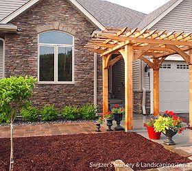 custom cedar arbor enhances homes front entrance and paver patio provides sitting and, curb appeal, outdoor living, patio, The arbors height helps in creating a human scale at the entrance