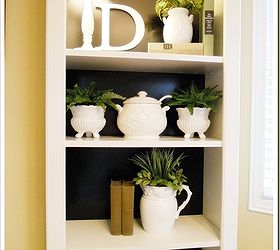 kitchen bookshelf, home decor, painted furniture, shelving ideas, white on black Most of the white items on the shelves came from Goodwill A few dollars at most