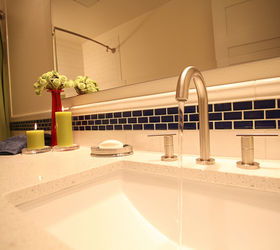 here is a hall bathroom that was in need of help the homeowner called in a panic, bathroom ideas, flooring, home improvement, plumbing, tile flooring, The vivid cobalt blue glass gives a beautiful splash of color