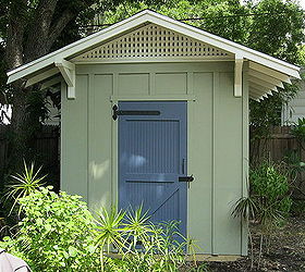 8 x10 custom board and batten shed with cypress bead board door, outdoor living, storage ideas, The shed has eave brackets and a gable end vent to complement the main house