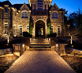 custom in town estate lighting project in buckhead brookhaven ga, curb appeal, electrical, lighting, Front on picture of the home Showcasing some of the custom mounted fixtures in the beautiful stonework