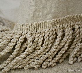 a way too easy no sew drop cloth table skirt with fringe, crafts, Adding bullion fringe at the bottom finished it off