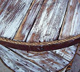 cable spool and old barrel table, painted furniture, repurposing upcycling, rustic furniture, table top with rope border