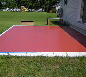 how to paint patio tiles, concrete masonry, painting, patio, porches, We painted with the red color over the cream and tape Once the paint dried we pulled off the tape to create the lines for the tiles