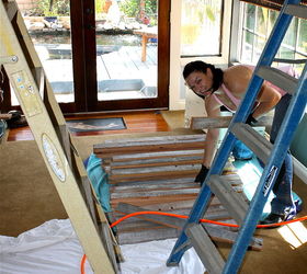 reclaimed wood herringbone pattern on the ceiling, diy, how to, woodworking projects, They were already T G when we got them The tongue had to be cut off on every single one I would pick random boards from the pile