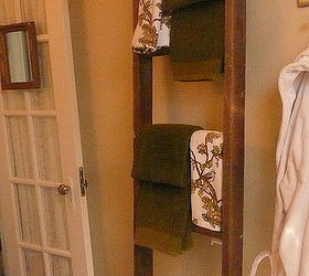 restored beach cottage bathroom, bathroom ideas, home decor, A glass paned door with a stretch panel replaces the original and a vintage ladder functions as a towel bar