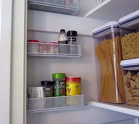 stenciled and organized pantry, closet, painting, This is everyone s favorite part these are wire pencil baskets screwed to the side wall for spices