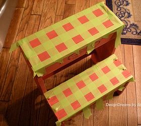 folk art step stool in country red, chalk paint, painting, Tape off squares with painter s tape if you want more squares use thinner tape Paint with complimentary colour