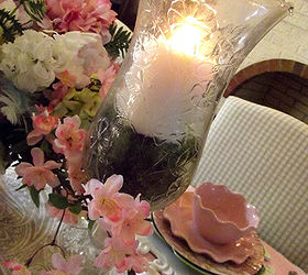 my easter table in paisley and pink, easter decorations, seasonal holiday d cor, Vintage glass hurricanes create a soft glow