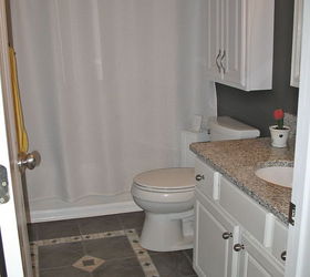 from playful kid s bathroom to sophisticated adult teen bathroom on a budget not, bathroom ideas, diy, home decor, AFTER New mirror toilet sink granite knobs paint on the walls curtains new floor