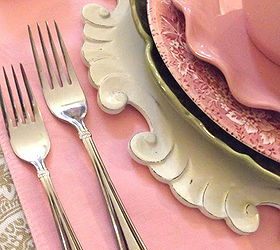 my easter table in paisley and pink, easter decorations, seasonal holiday d cor, Pink placemats white wood scroll chargers and a combination of green pink and white dishes Love these ruffled edge dishes I found several years ago on clearance